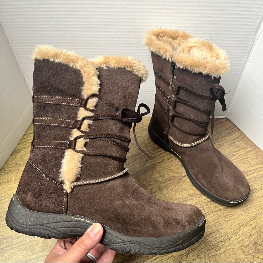 Faded Glory Genuine Leather Dark Brown Faux Fur Trim Suede Lace up Boots Size 9